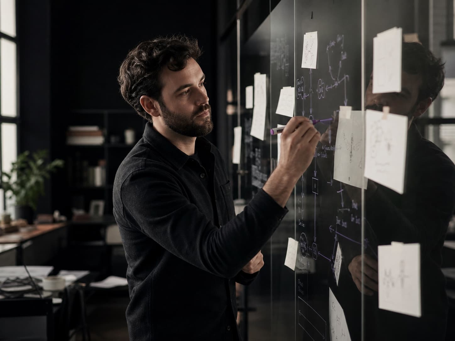 A researcher examining a transparent decision map on glass