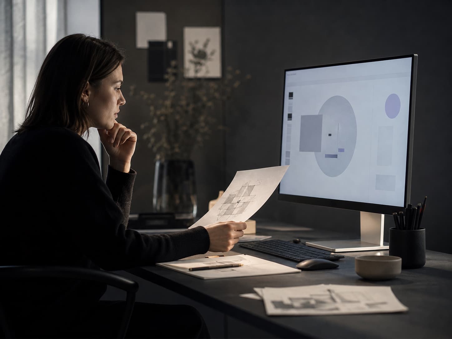 A researcher comparing a paper sketch with an intelligent interface